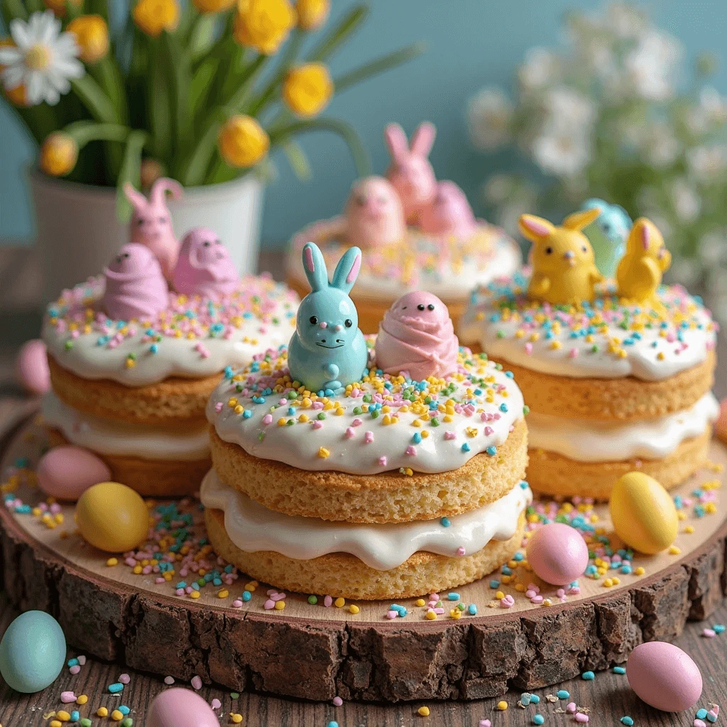 Easter-themed cake featuring bunnies, eggs, and pastel colors for a fun and festive spring dessert.
