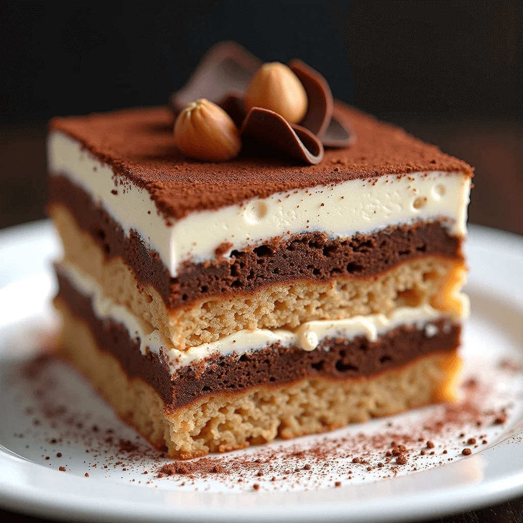 Sliced tiramisu cake on a dessert plate with cocoa dusting