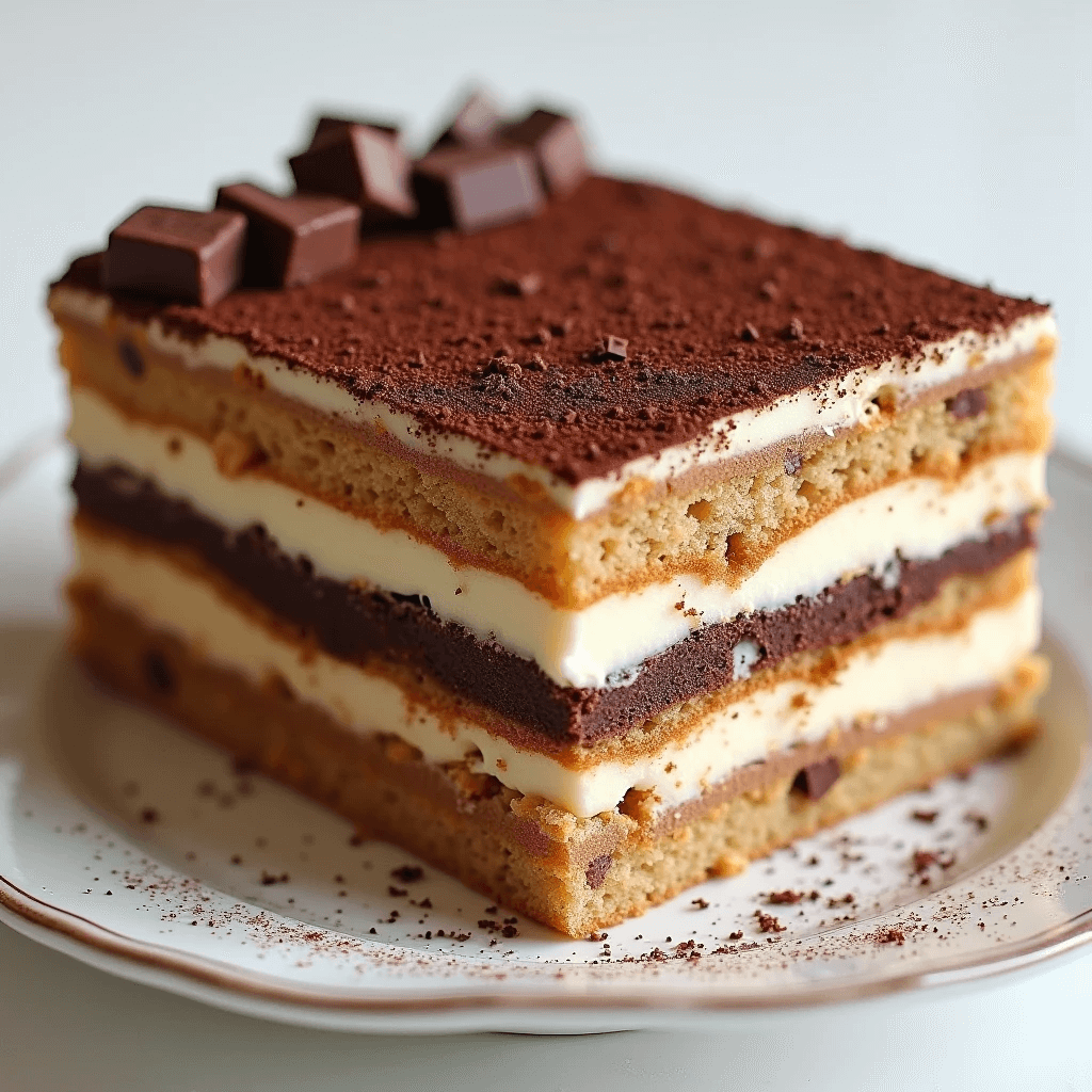 Perfectly firm and irresistible tiramisu dessert with cocoa dusting