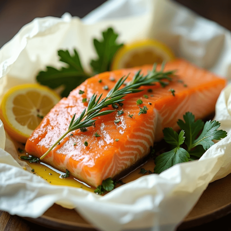Fresh salmon en papillote with rosemary, lemon slices, and parsley, ready to be baked.