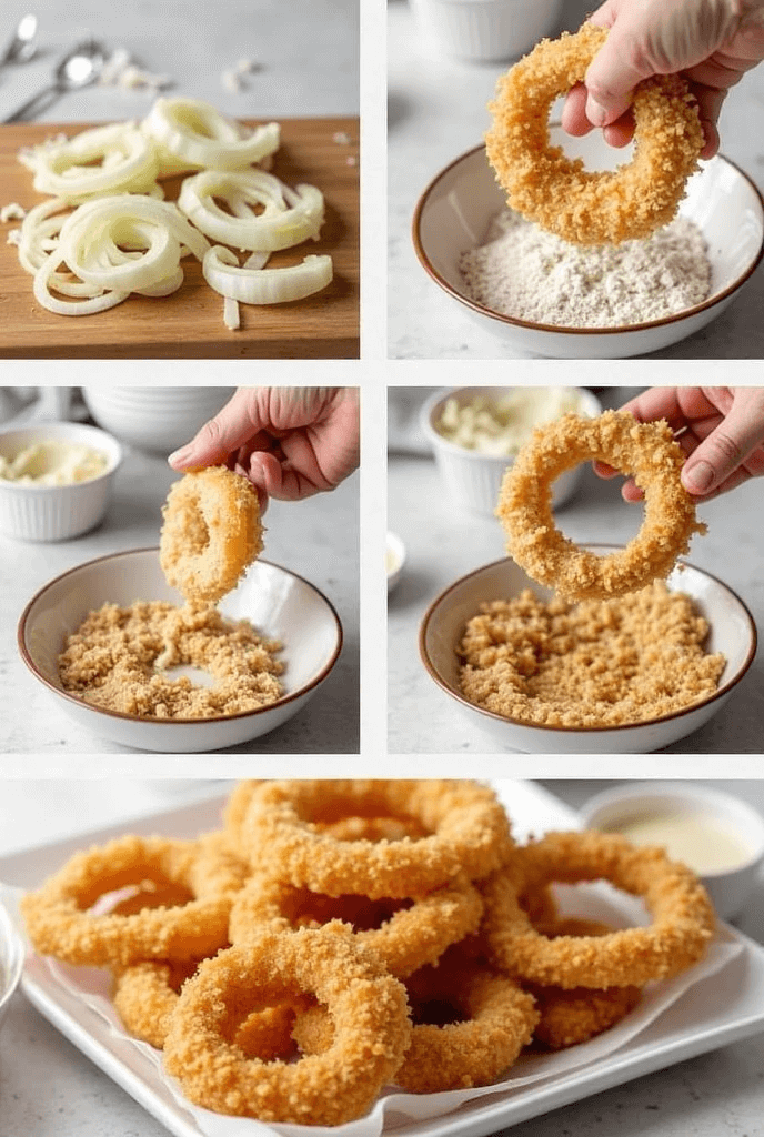 Step-by-step process of making crispy onion rings, from slicing onions to coating with breadcrumbs and frying.