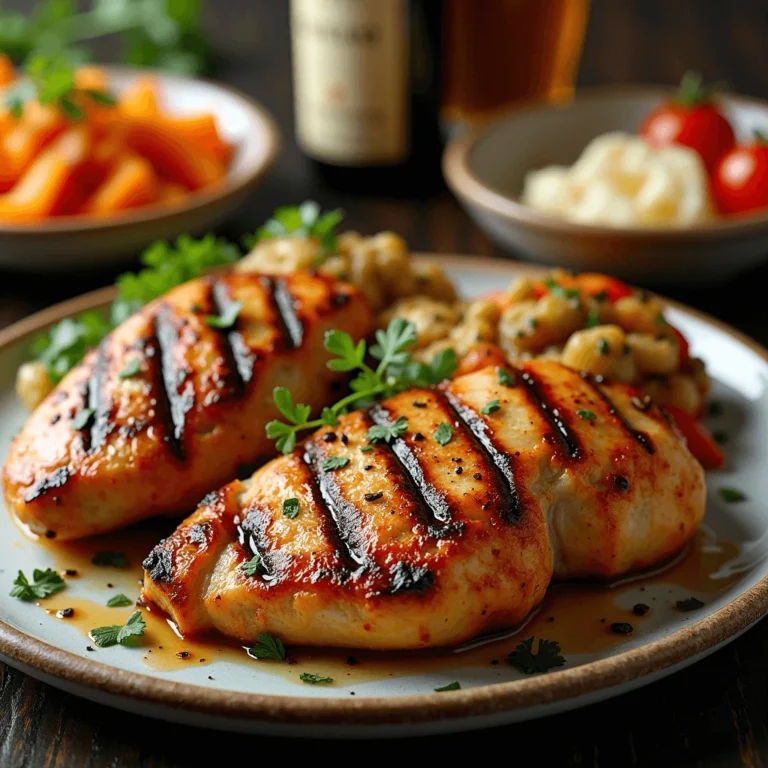 Juicy grilled chicken with a golden-brown crust, garnished with fresh herbs and served with a side of vegetables.