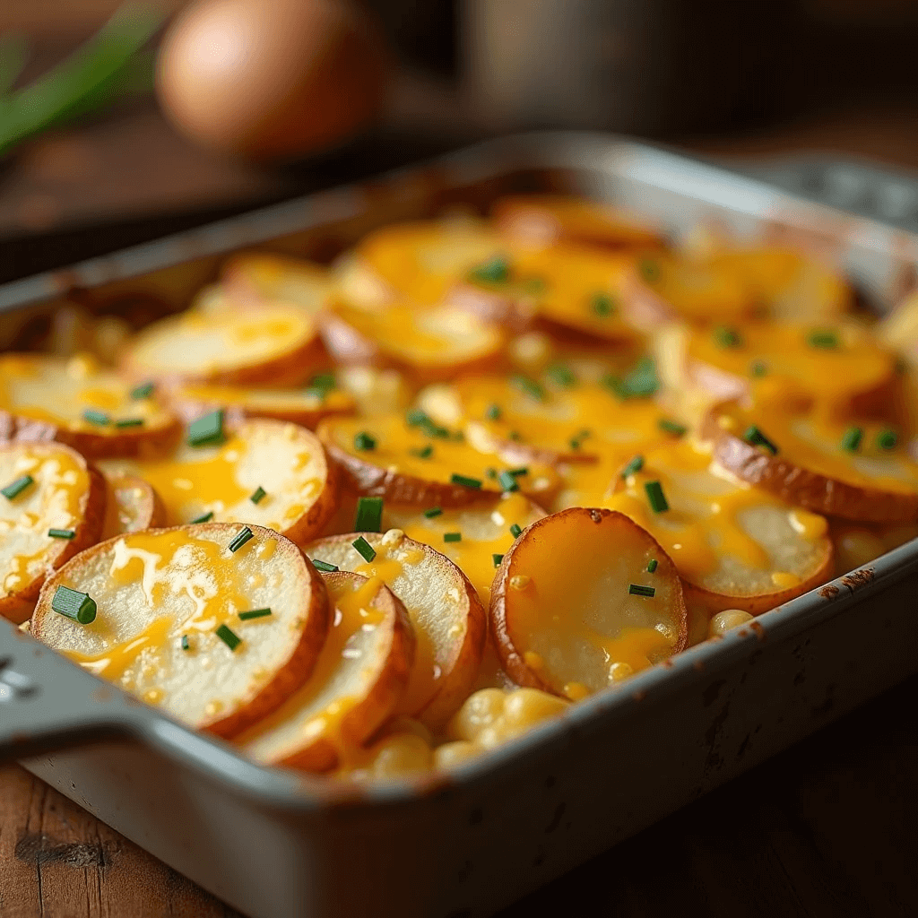 Golden cheesy potato bake with layers of creamy cheese and tender potatoes.