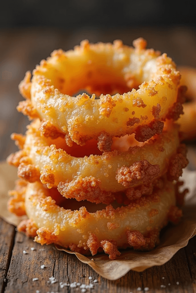 Crispy golden onion rings stacked on a rustic wooden surface with a sprinkle of sea salt.