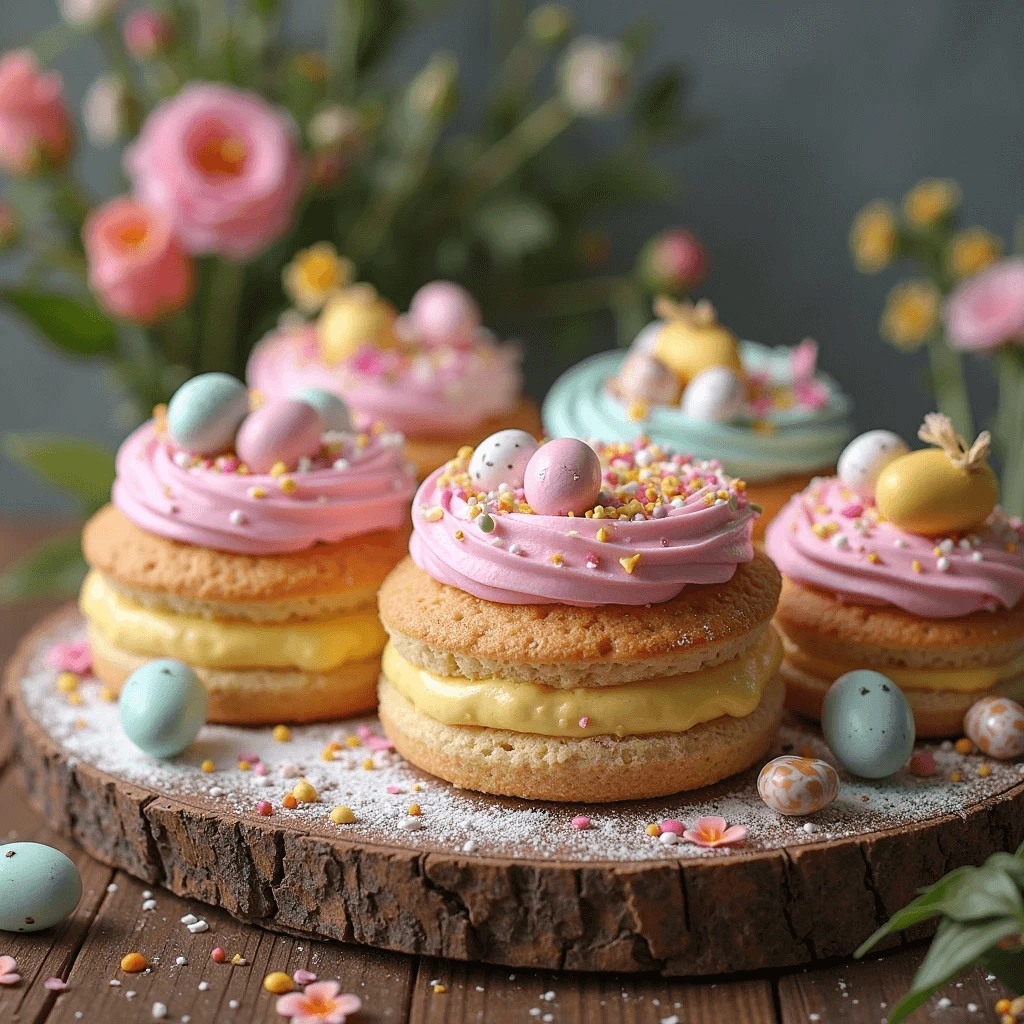 Colorful Easter cake with pastel decorations and spring flowers, ideal for holiday celebrations.