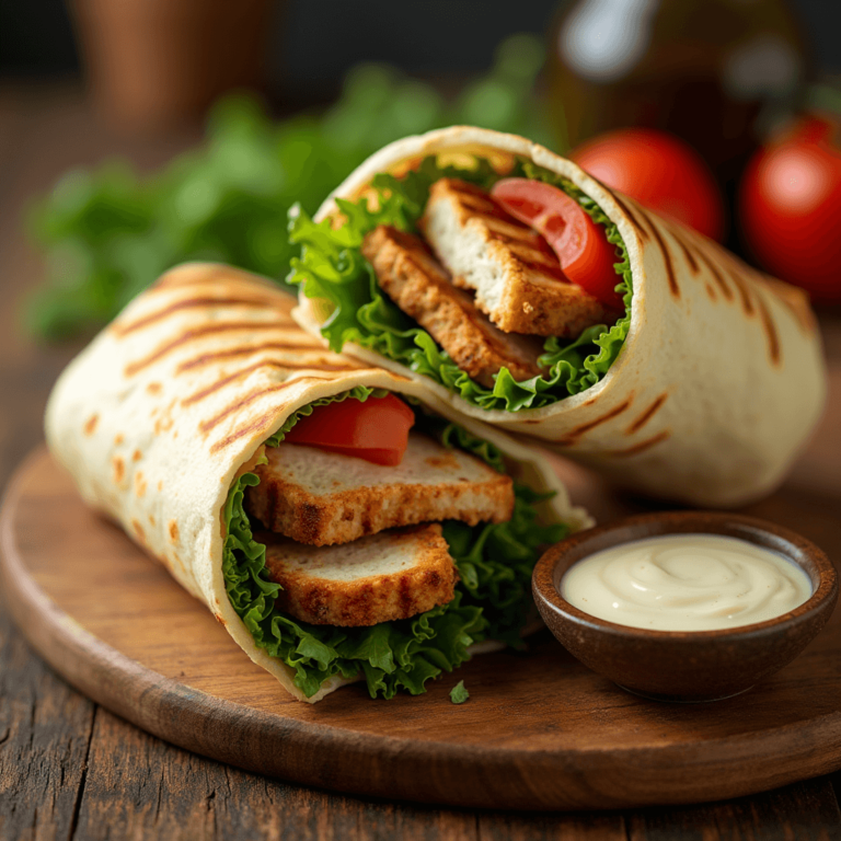 A visual breakdown of assembling a grilled chicken wrap with fresh and flavorful ingredients.