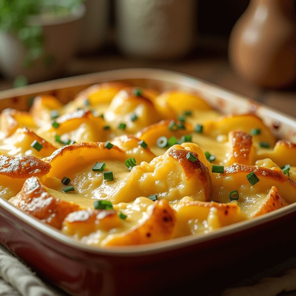 Comforting cheesy potato bake with a crisp, golden finish and creamy cheese sauce.