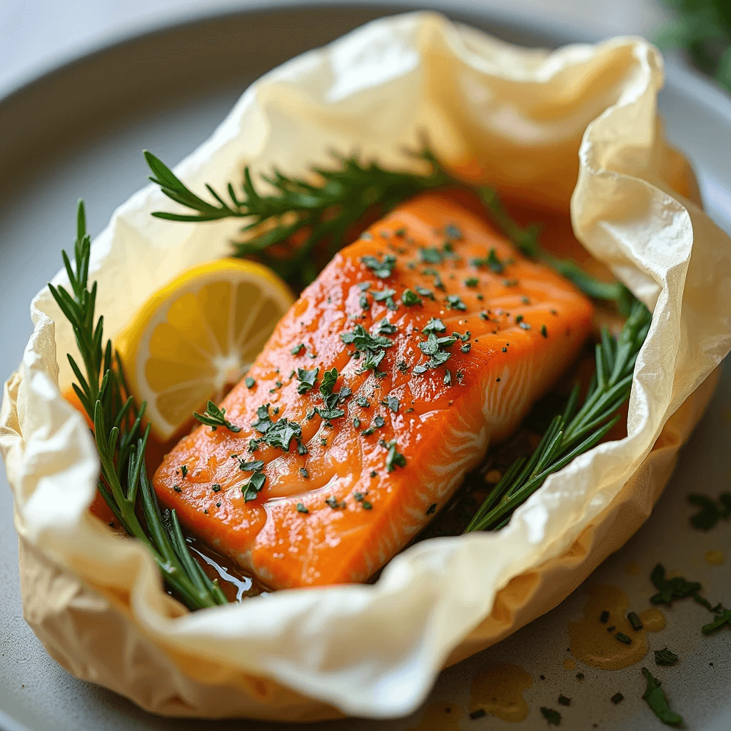 Fresh salmon fillet seasoned with rosemary, parsley, and olive oil, ready to be baked in parchment paper.