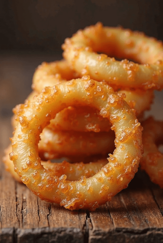 Fresh onion rings being coated in flour, egg wash, and breadcrumbs before frying to a golden crisp.
