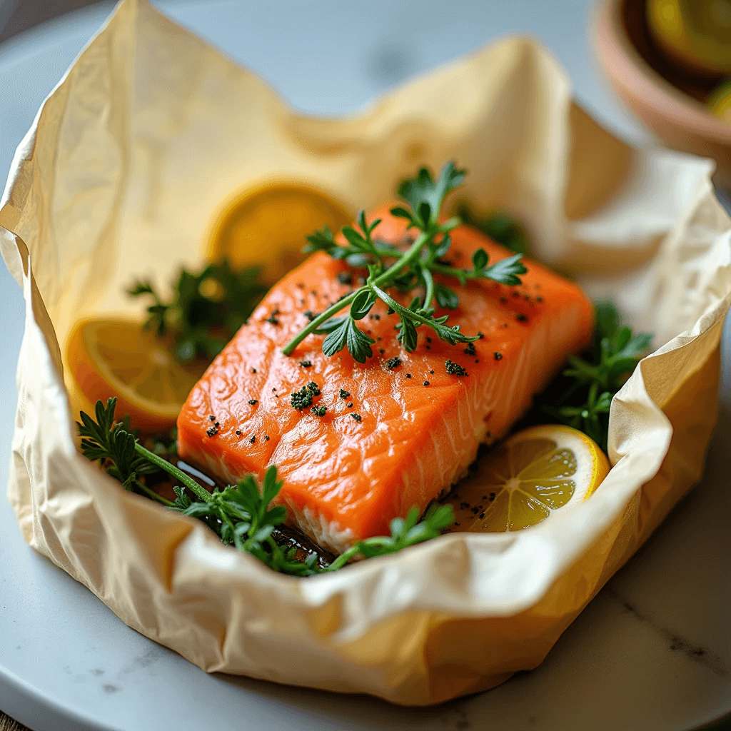 Raw salmon fillet with herbs and lemon, wrapped in parchment paper for baking.