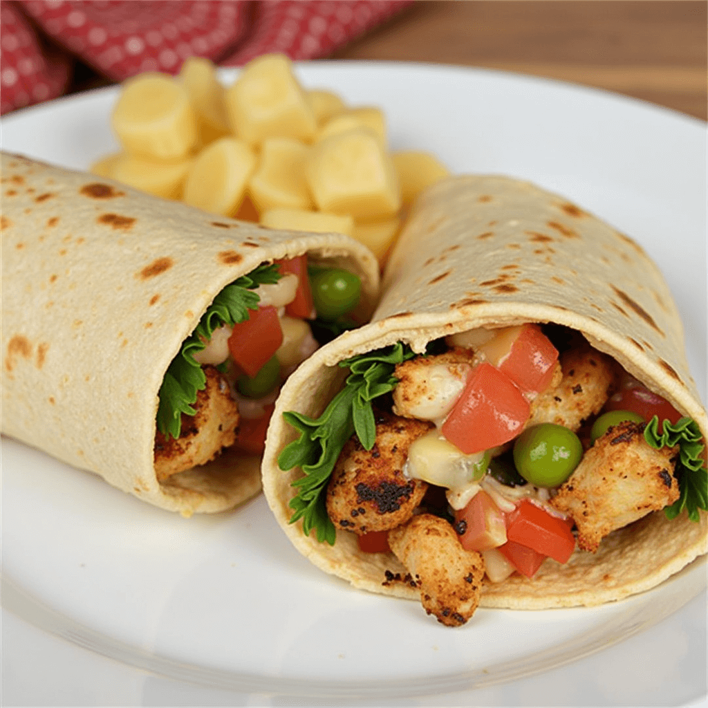 A step-by-step guide to making a grilled chicken wrap with seasoned chicken, fresh veggies, and cheese on a tortilla.
