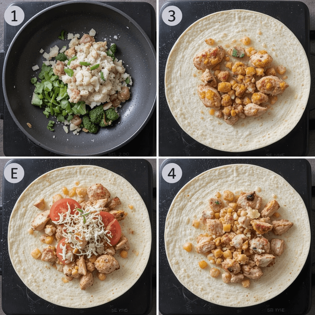Step-by-step process of making a grilled chicken wrap, featuring seasoned chicken, fresh vegetables, and melted cheese on a tortilla.
