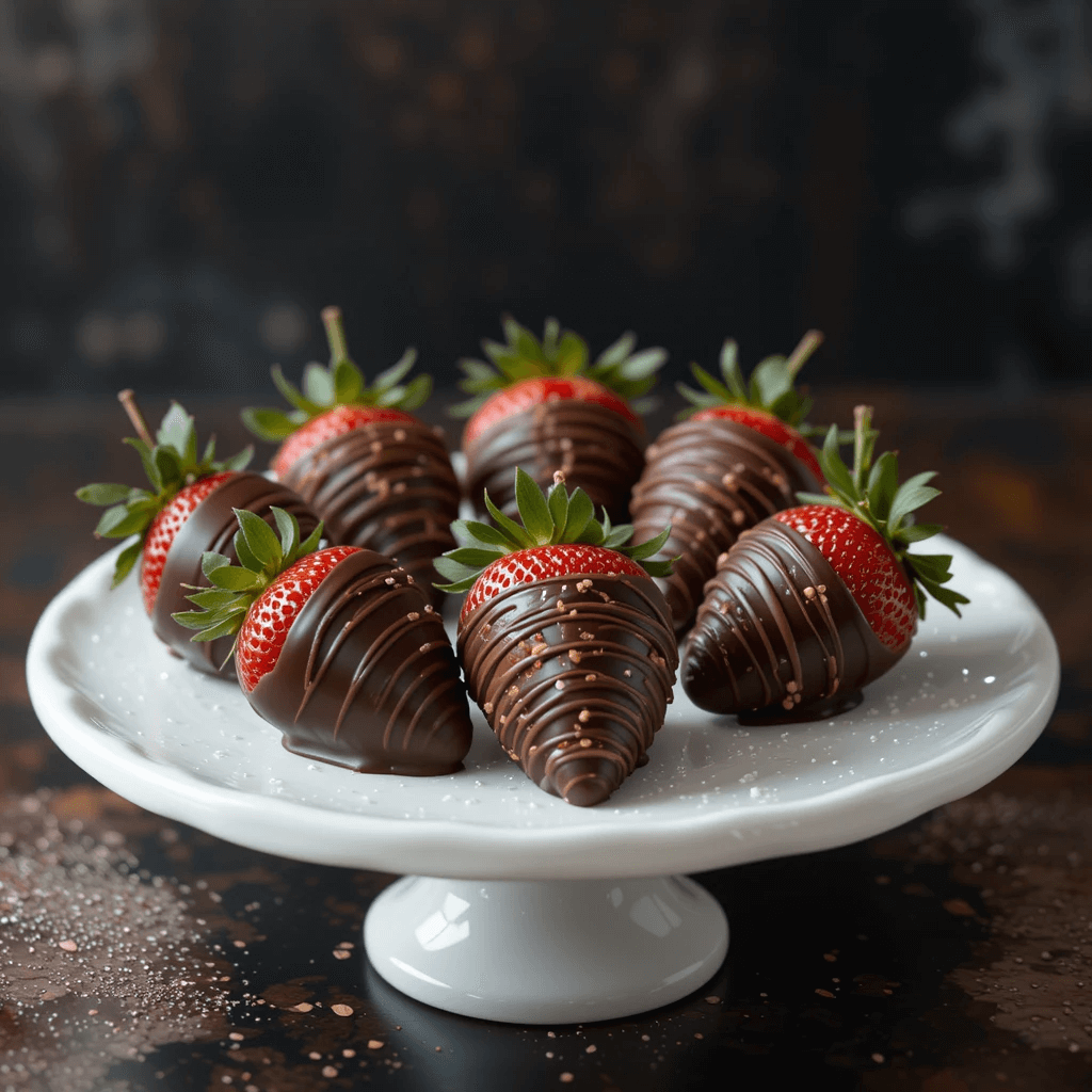Delicious chocolate-covered strawberries elegantly arranged on a white dessert stand, drizzled with fine chocolate and garnished with edible gold sprinkles.