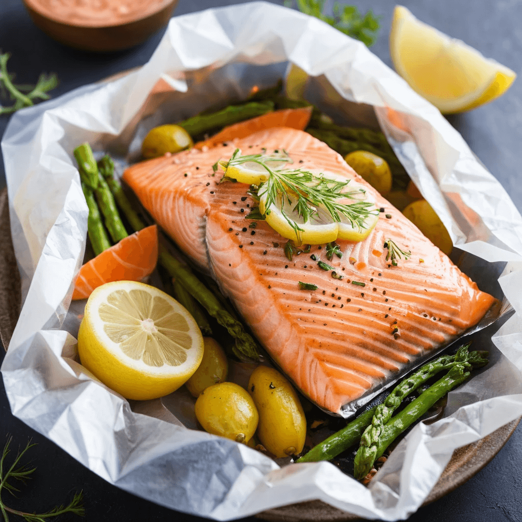 Raw salmon fillet with fresh herbs and lemon, prepared in parchment paper for baking.
