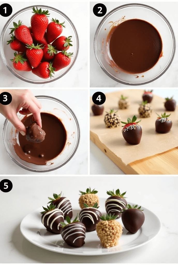 Gourmet chocolate-dipped strawberries with a smooth and crunchy chocolate coating, served on a white cake stand.