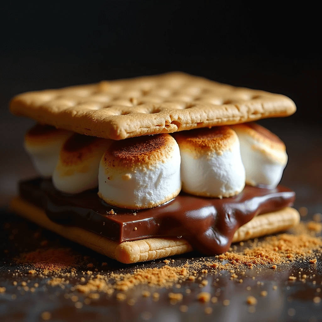A stack of golden-toasted marshmallows and melted chocolate between crispy graham crackers, oozing with sweetness.