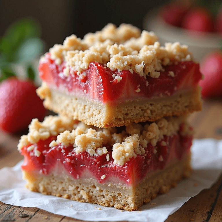 A stack of golden brown strawberry oatmeal crumble bars on parchment paper, with fresh strawberries and oats scattered around.