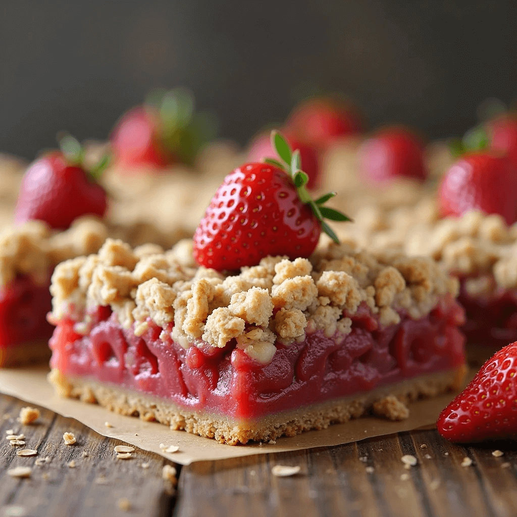 Strawberry oat crumble bars displayed on a wooden board with fresh mint and strawberries.