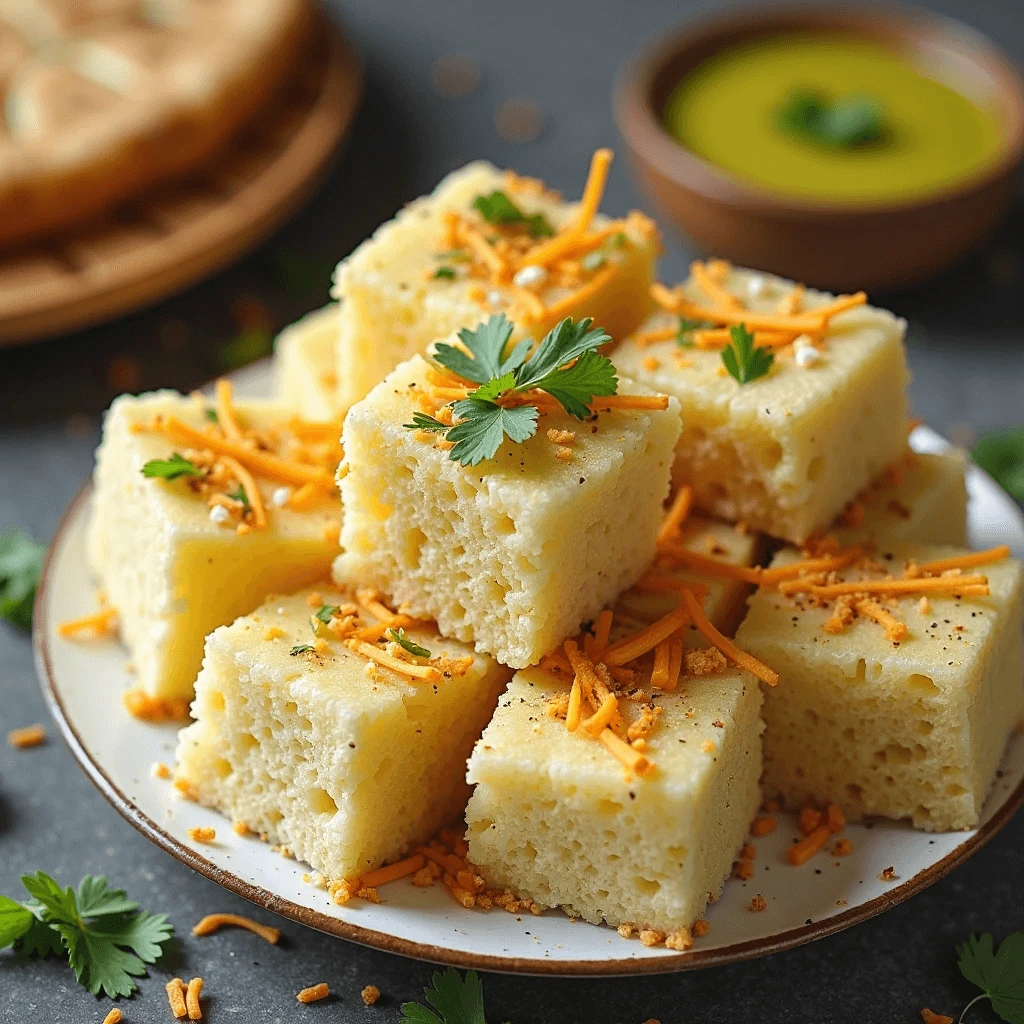 Soft cubes of steamed dhokla garnished with spices and coriander leaves, served warm on a ceramic plate with dips.