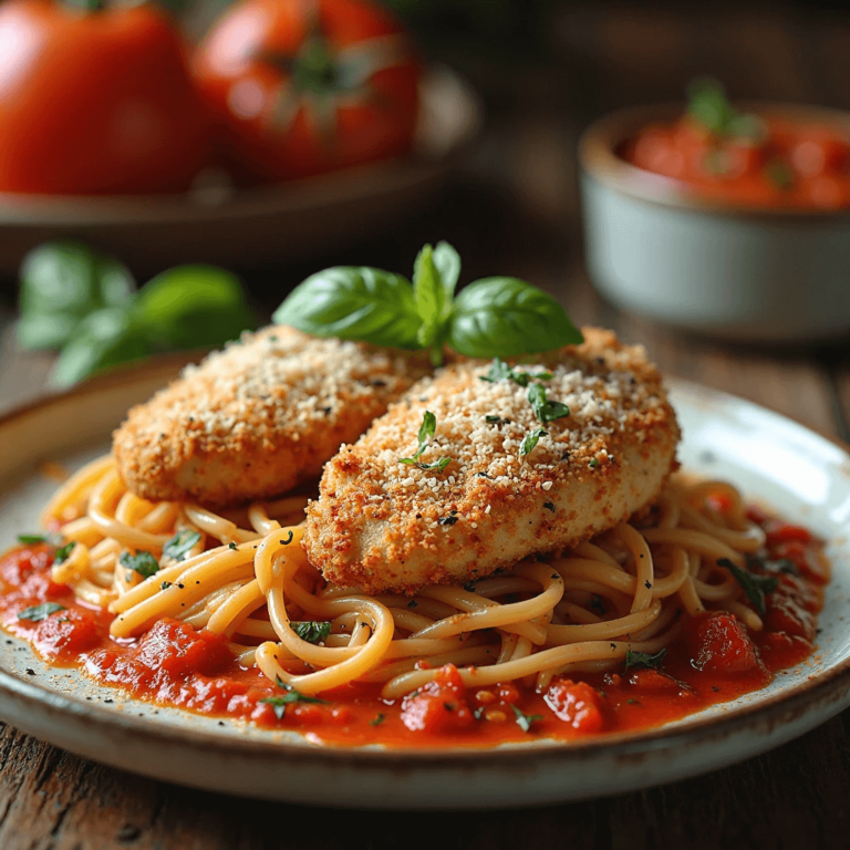 Creamy Garlic Chicken Parmesan served over pasta, garnished with fresh parsley.