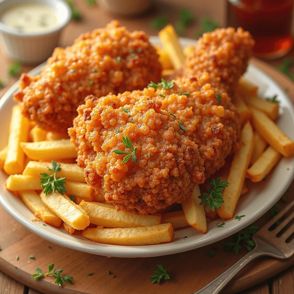 Golden-fried chicken drumsticks with crispy coating and fries, garnished with chopped parsley.