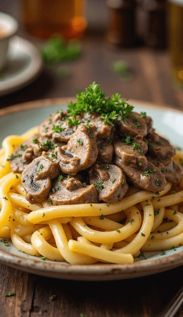 Creamy beef stroganoff served over thick noodles and garnished with fresh parsley on a rustic plate.