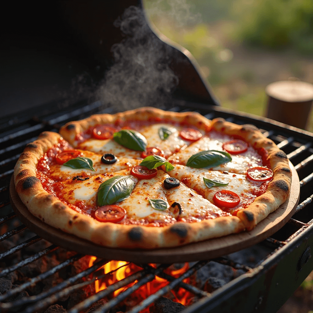Smoky grilled pizza with bubbling cheese and fresh basil on a hot BBQ grill
