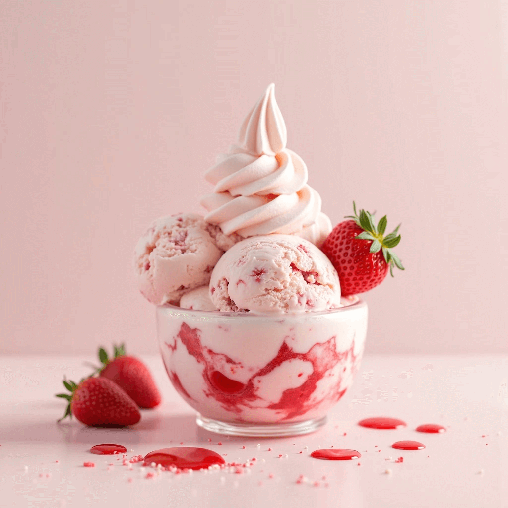Delicious pink and white strawberry swirl ice cream surrounded by fresh ripe strawberries.
