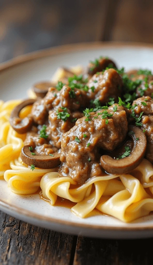 Creamy beef and mushroom stroganoff dish on rustic ceramic plate.