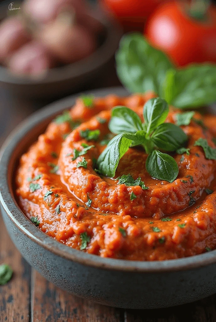 Moroccan zaalouk eggplant spread in a clay dish with olive oil drizzle and pita bread on a wooden table.