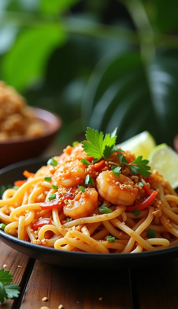 Spicy Pad Thai noodles with shrimp and peanuts garnished with cilantro and lime.