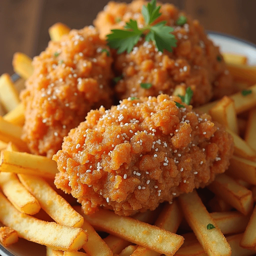 Ecuadorian-style crispy chicken drumsticks on fries, topped with parsley and a light drizzle of sauce.
