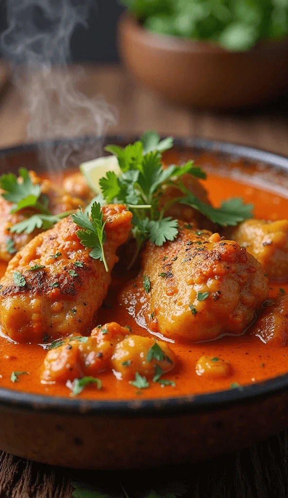 Chicken tikka masala meatballs simmering in vibrant red curry sauce with herbs.