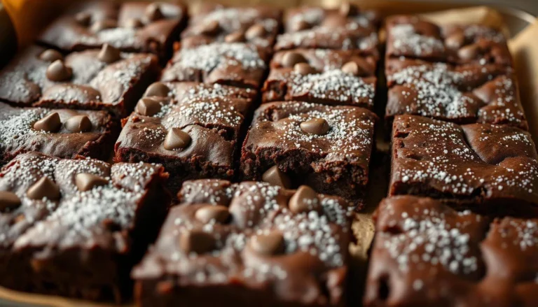 Fudgy chocolate brownies topped with powdered sugar and chocolate chips, freshly baked and sliced into squares.