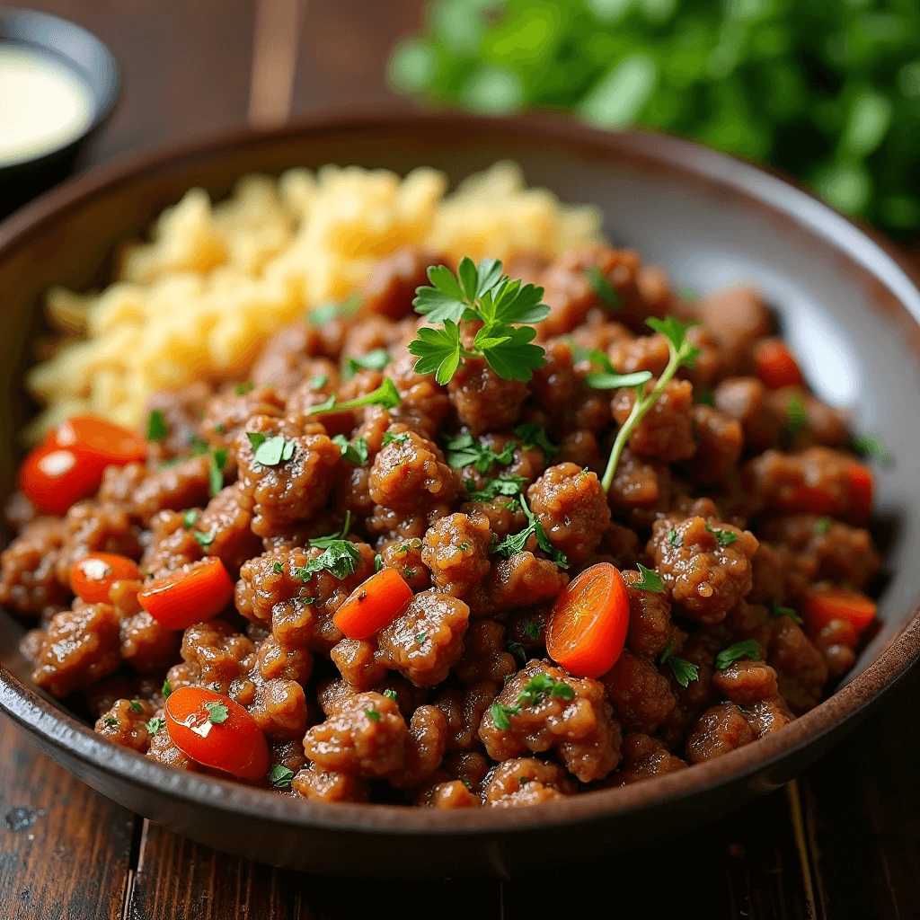 Savoury beef mince simmering in a pan with rich gravy and mixed vegetables.