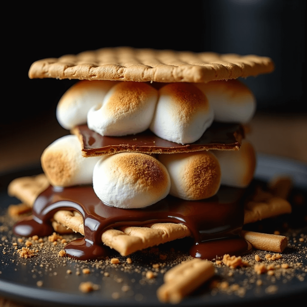 Close-up of air fryer s’mores with golden toasted marshmallows, melted chocolate, and crispy graham crackers on a black plate.
