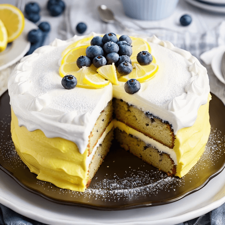 Homemade Lemon Blueberry Cake with golden crust and vibrant blueberries.