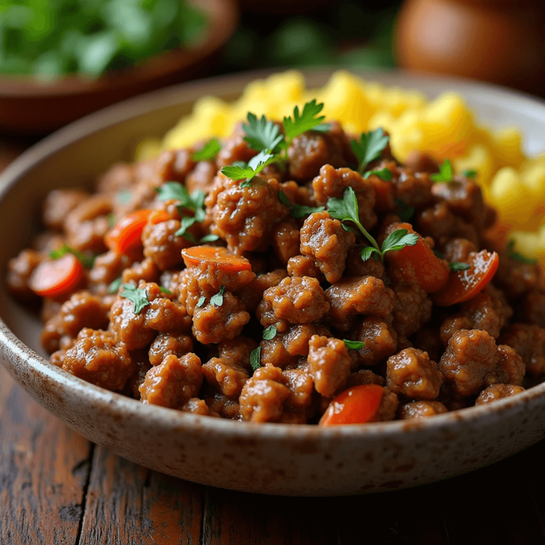 Bowl of savoury mince with peas, carrots, and mashed potatoes, garnished with fresh parsley.
