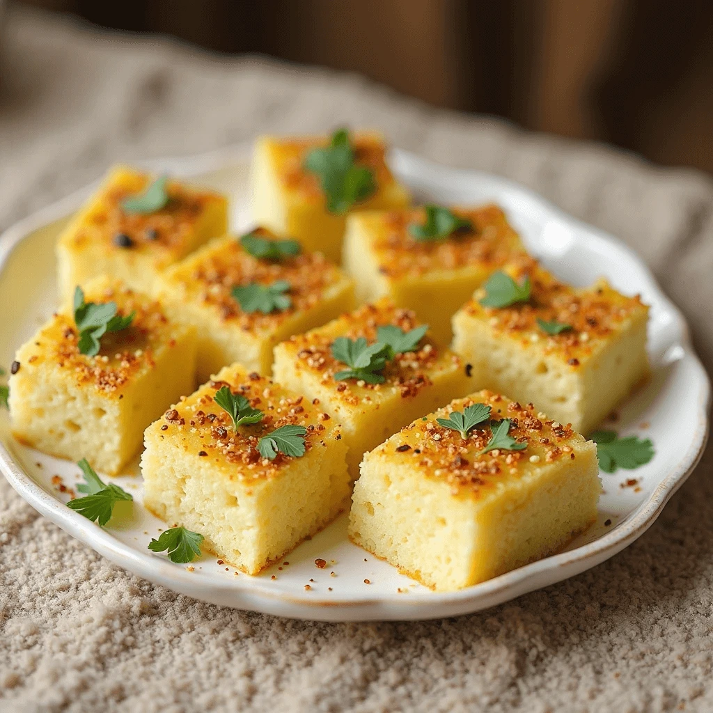 Golden-yellow Gujarati dhokla pieces arranged in a grid on a plate, garnished with tempering and coriander, served with green chutney and sev.