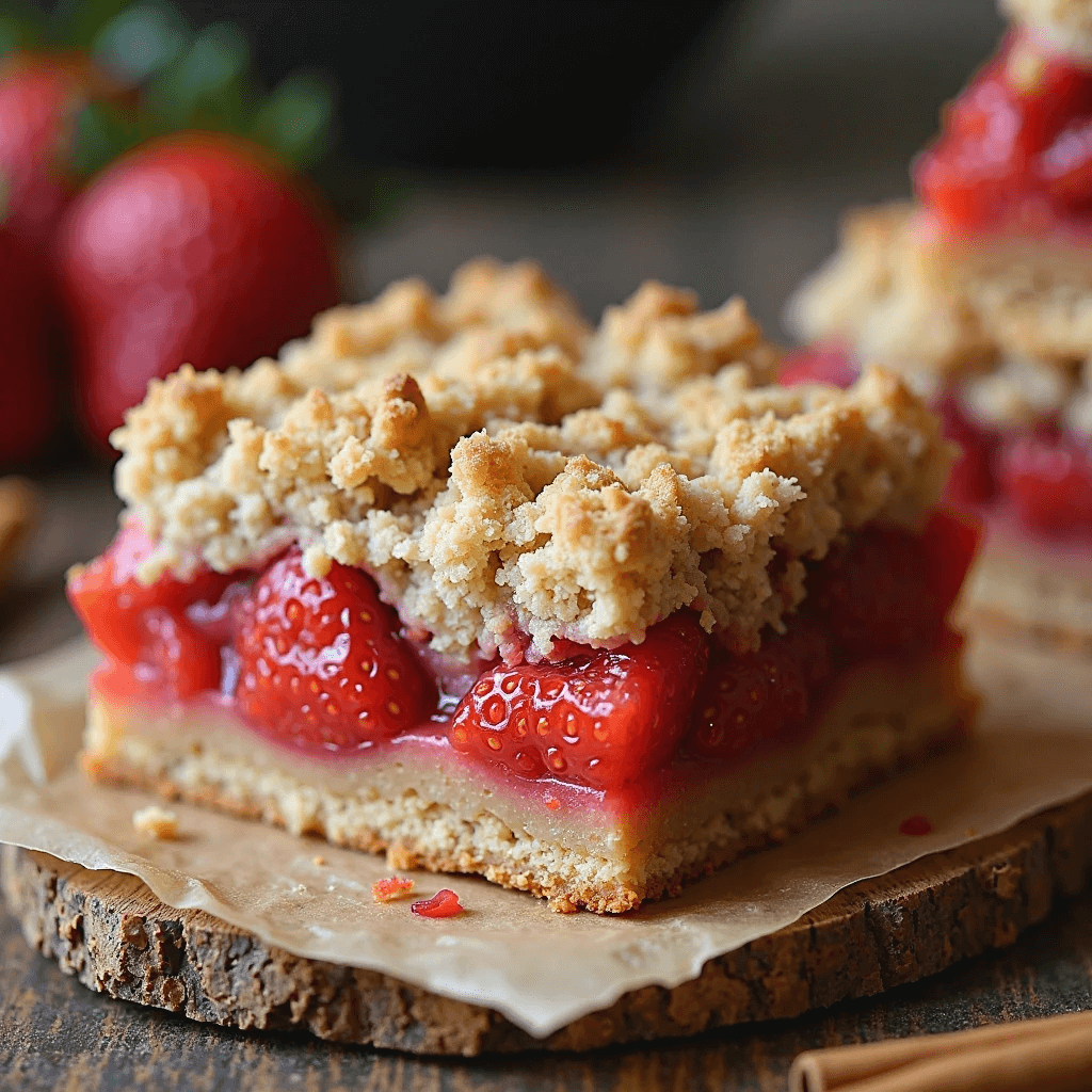 Close-up of a sliced strawberry oatmeal crumble bar showing its gooey center and crumbly oat topping.