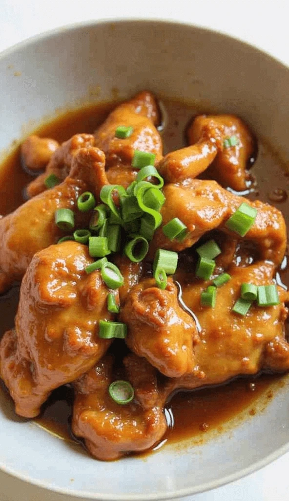 Filipino Chicken Adobo with cilantro and tomato garnish in a ceramic bowl