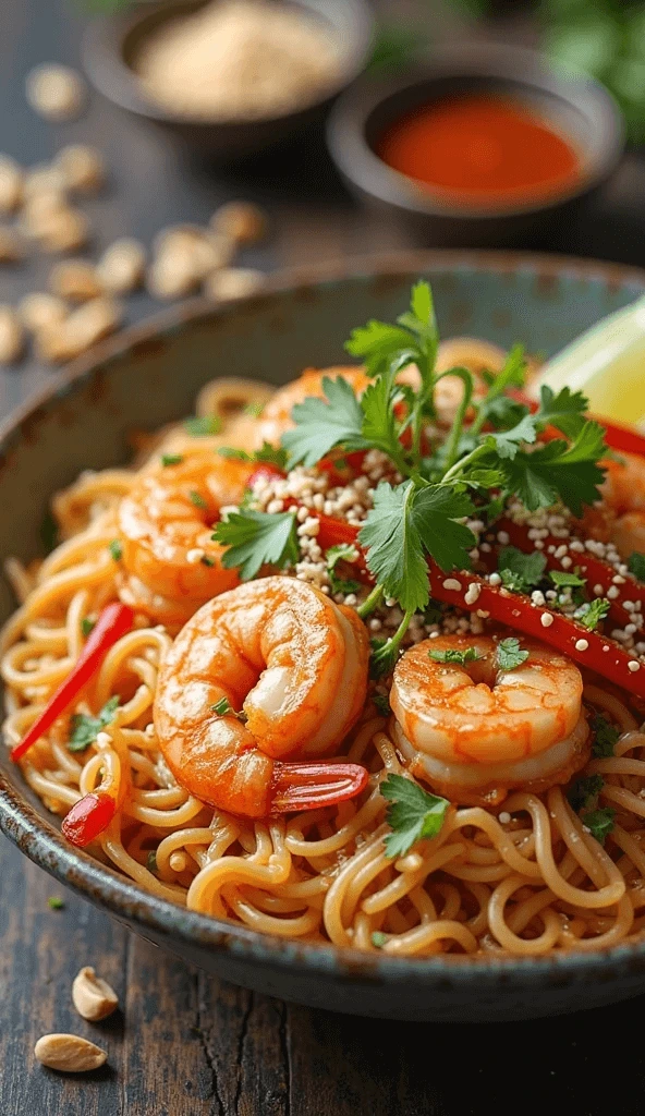 Close-up of Thai Pad Thai noodles with shrimp, chili peppers, and fresh herbs on a white plate.