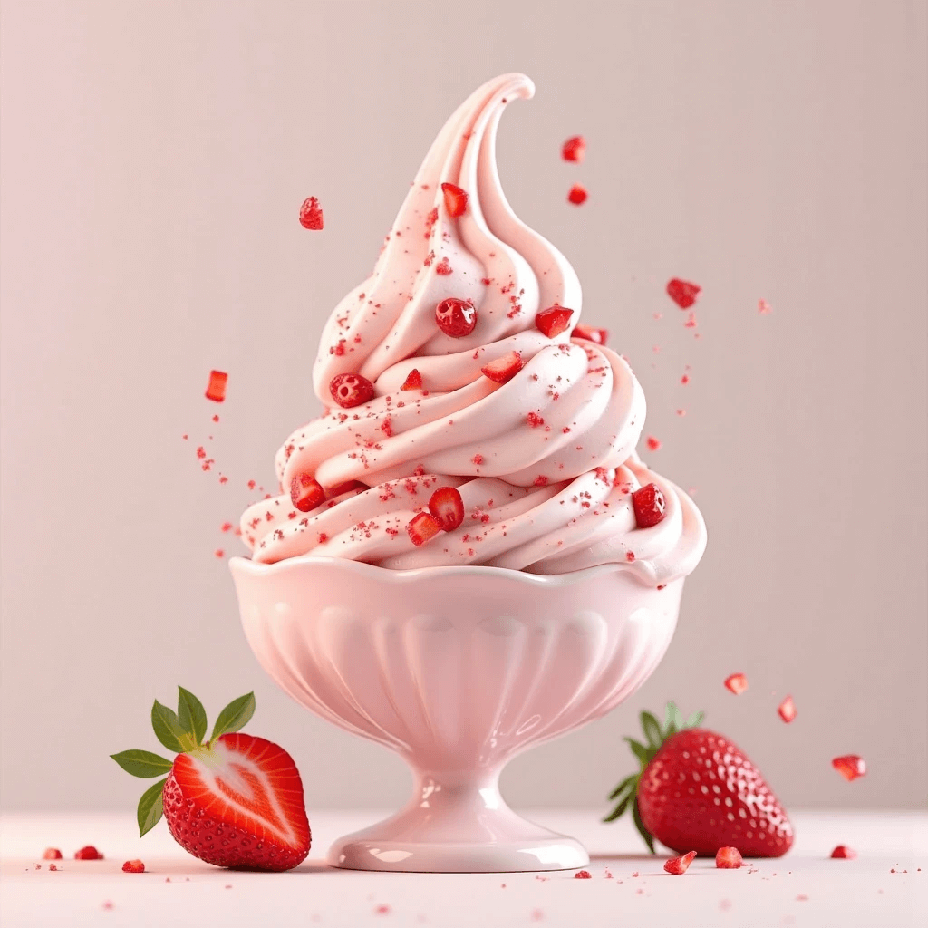 Swirled strawberry shortcake soft-serve ice cream in a ceramic pink bowl with whole strawberries.
