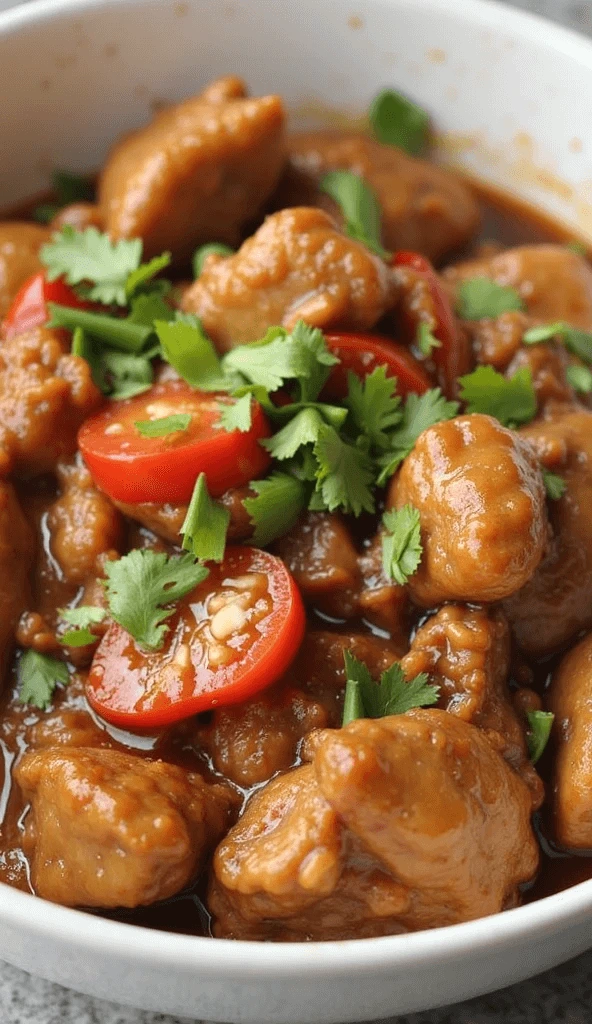 Roscoe's version of classic Chicken Adobo topped with fresh herbs and cherry tomatoes