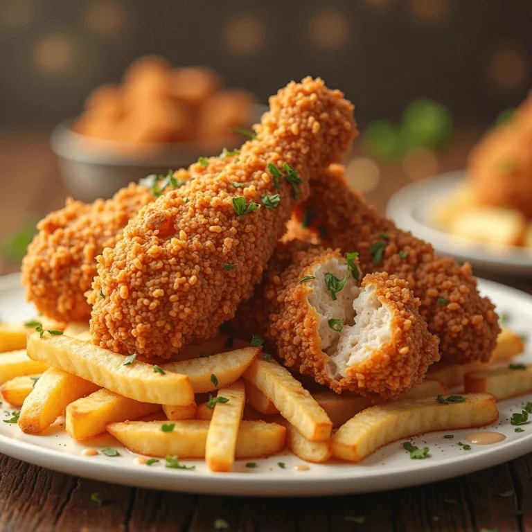Crispy Ecuadorian Papi-Pollo drumsticks served on a bed of golden French fries, garnished with fresh herbs.