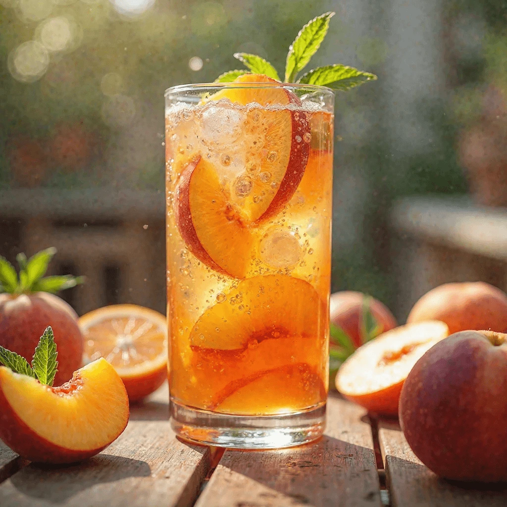 A vibrant pitcher of Peach Sangria filled with slices of peaches, oranges, and lemons, served with ice for a refreshing summer drink.