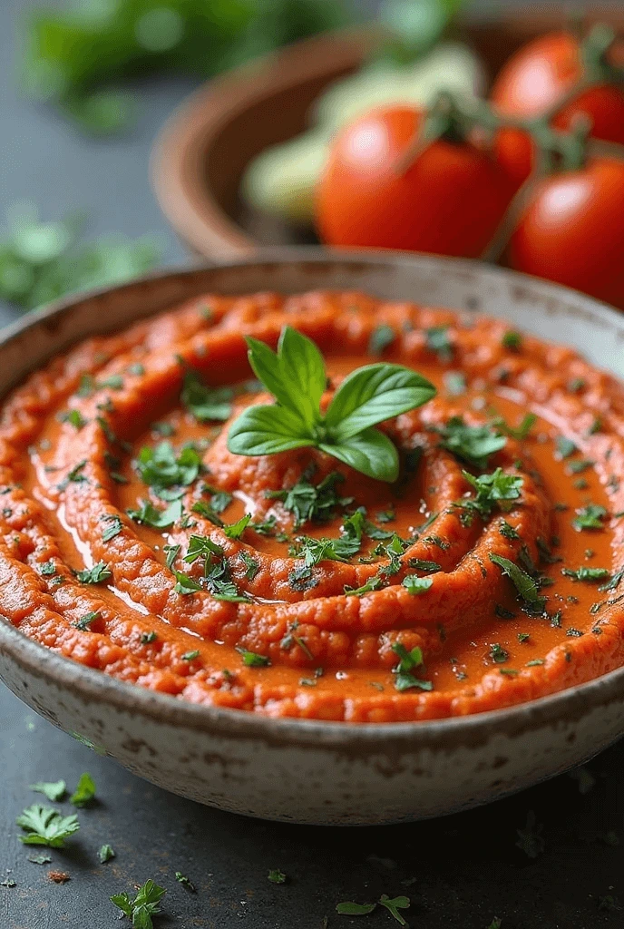 Traditional Moroccan zaalouk eggplant and tomato dip served in a bowl with warm pita bread on the side