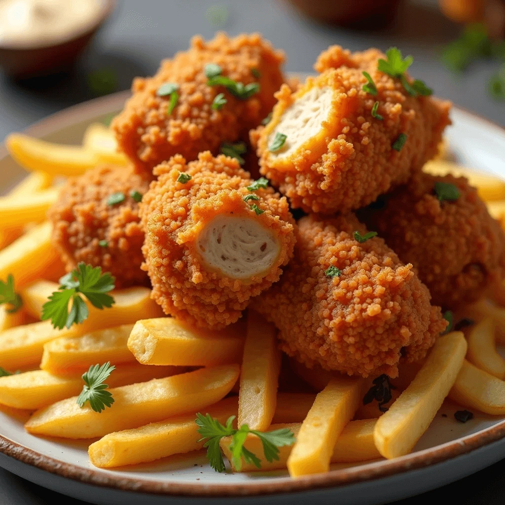 Close-up of crunchy breaded chicken drumsticks served on fries with fresh herb garnish.