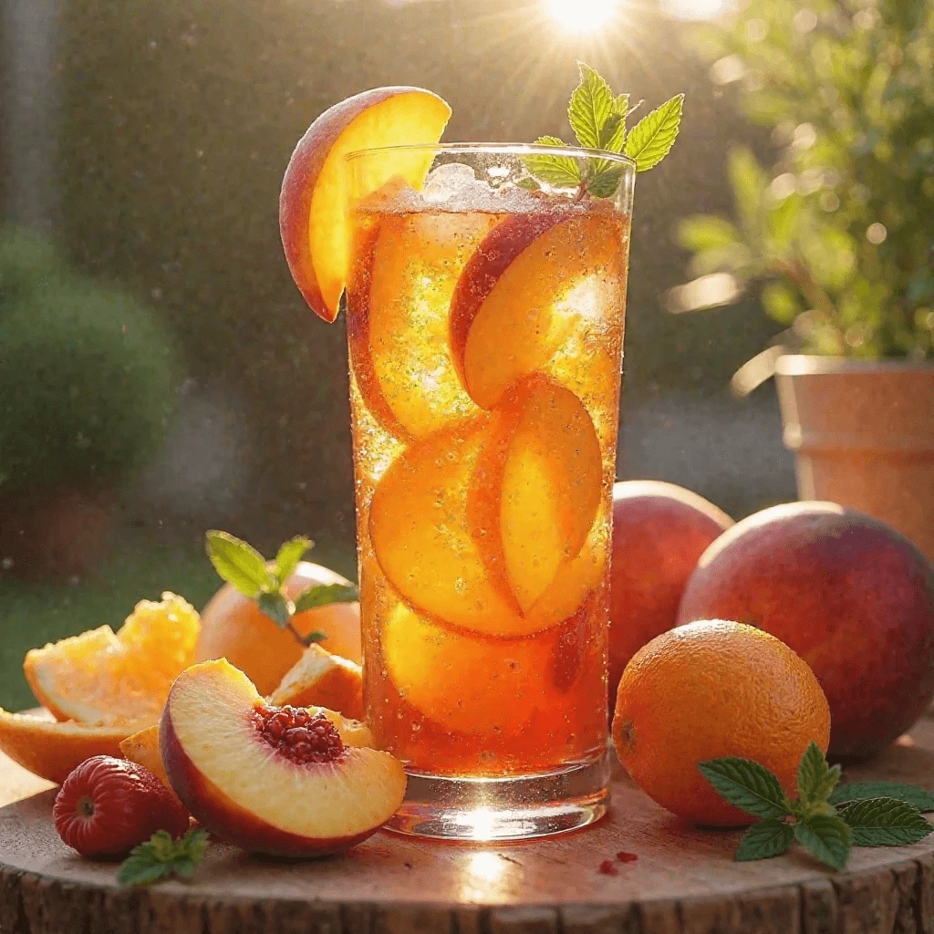 A beautifully arranged glass of Peach Sangria with fresh peach slices, mint, and citrus fruits, served in a clear wine glass. 