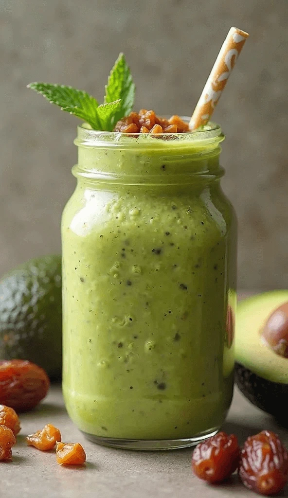 Glass jar filled with creamy Moroccan avocado and date smoothie, topped with chopped nuts and mint, served with a straw.
